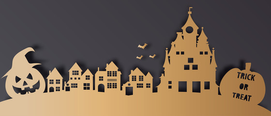 Halloween background with castle and bats in paper cut style