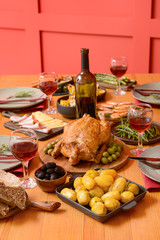 Many dishes served on table for big family dinner