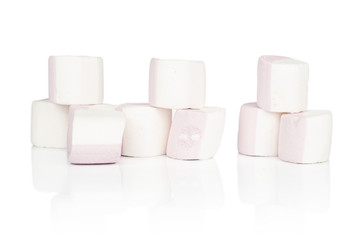 Group of nine whole sweet pastel marshmallow isolated on white background