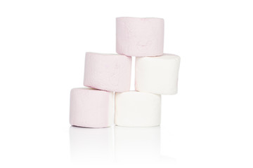 Group of five whole sweet pastel marshmallow isolated on white background
