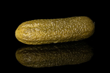 One whole sour green pickle isolated on black glass