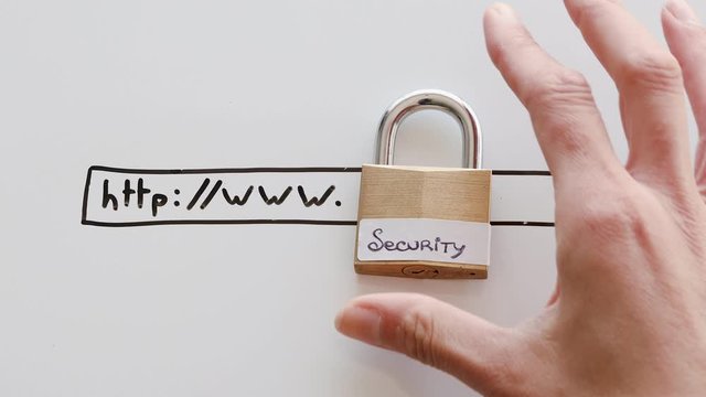 data protection online, hand placing key and lock with Security label on whiteboard with website url bar