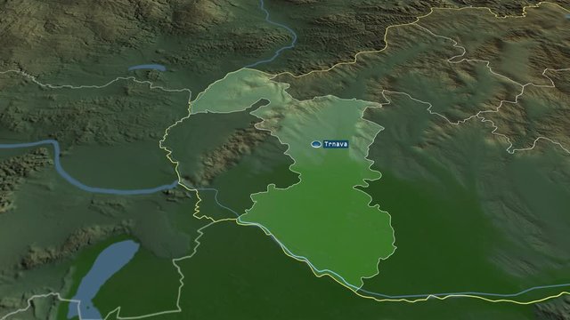 Trnavsk&yacute; - region of Slovakia with its capital zoomed on the physical map of the globe. Animation 3D
