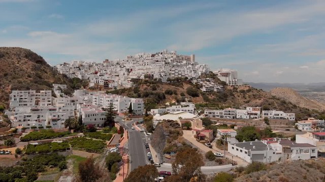 The white village of Moj&aacute;car during day light. Aerial shot.