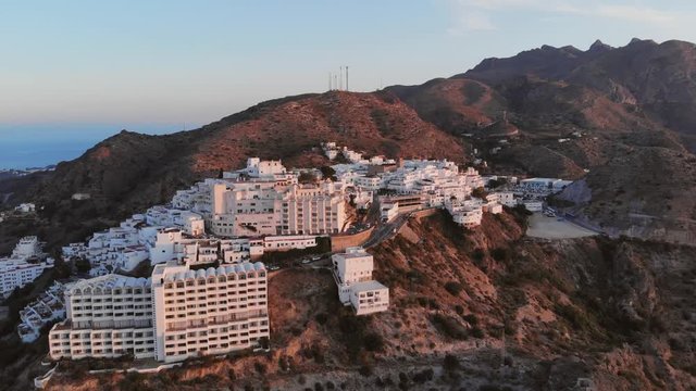The white village Moj&aacute;car during sunset. Aerial shot.