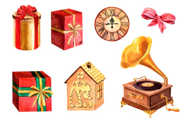 set of gift boxes with bows and ribbons