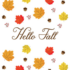 Hello Fall season. Fall leaves, berry and acorn.