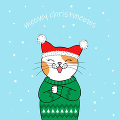 Christmas greeting card. Cute cartoon cat wearing a Santa Claus hat and knitted sweater. Hand drawn illustration
