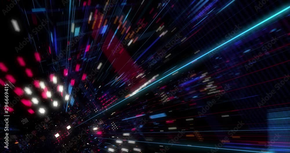Poster abstract technology big data cloud computing background with bright neon lines and dots. flying in d