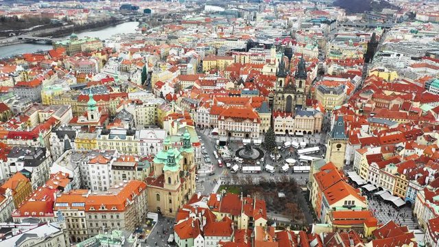 Old Town Square Prague Czech Republic, Aerial Drone view on city skyline and panorama of Prague. Beautiful Tyn Church - Staromestske Namesti Praha