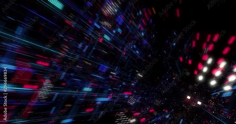 Poster abstract technology big data cloud computing background with bright neon lines and dots. flying in d