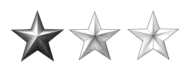 Three style of vintage engraving Christmas star isolated on white BG