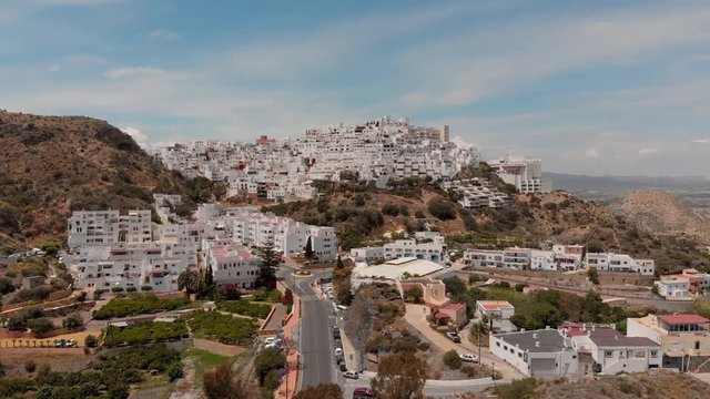 The white village of Moj&aacute;car during day light. Aerial shot.