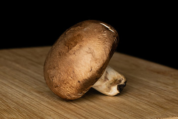 One whole fresh brown mushroom champignon on bamboo cutting board isolated on black glass