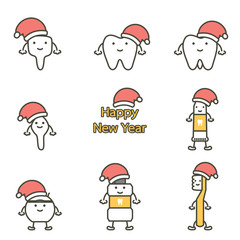 happy tooth, toothbrush, toothpaste, mouthwash and dental floss with santa claus hat for Merry Christmas and Happy New Year - teeth cartoon vector flat style