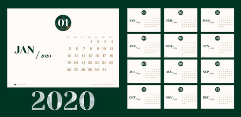 Vector 2020 new year calendar planner template in minimal table simple style with marble month texture number,Holiday event planner,Week Starts Sunday.layout annual calender.timetable for diary