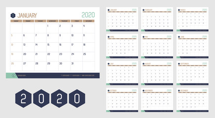 Vector of 2020 new year calendar in modern clean table simple style with blue gold green color,Holiday event planner,Week Starts Sunday.desk calender layout annual calender.timetable for diary