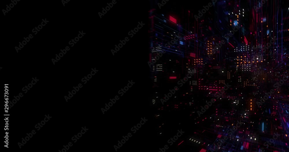 Poster abstract technology big data cloud computing background with bright neon lines and dots. flying in d