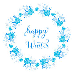 Poster happy winter, with pattern blue leaf flower frame elegant. Vector
