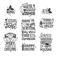 Obraz premium Hand drawn Christmas things on white background. Creative ink art work. Actual vector doodle drawing and Holidays text