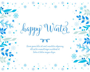 Wallpaper of greeting card happy winter, with plant of blue leaf flower frame. Vector