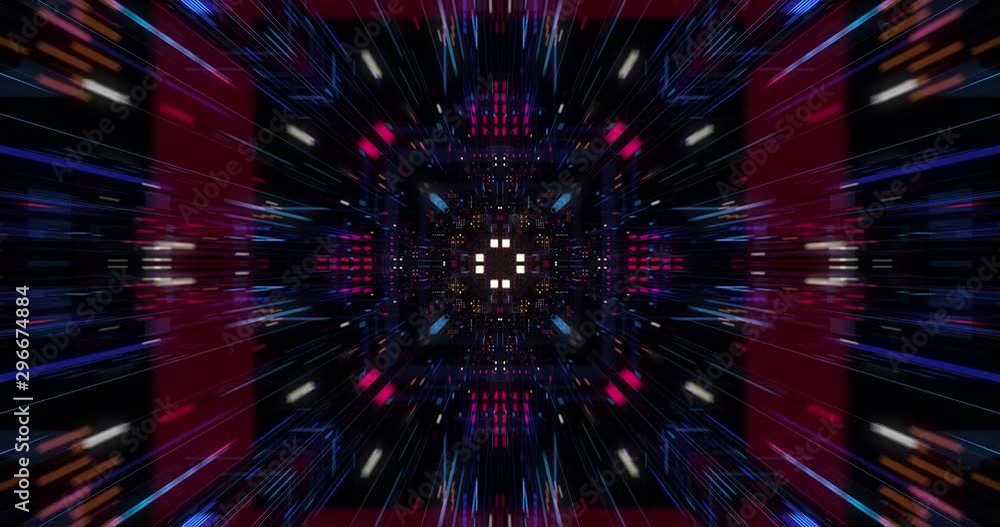 Poster abstract technology big data cloud computing background with bright neon lines and dots. flying in d