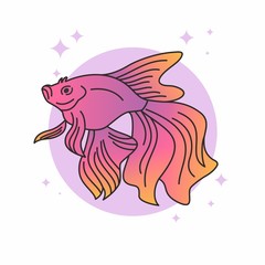 Fish Icon, Cute Cartoon Funny Character with Colorful Fin, Swim in Water, Flat Design 