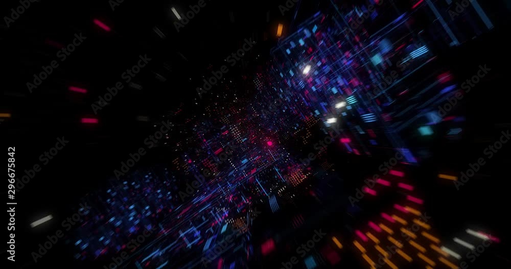 Poster abstract technology big data cloud computing background with bright neon lines and dots. flying in d