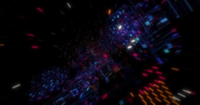 Abstract technology big data cloud computing background with bright neon lines and dots. Flying in Digital Cyber City Particles HUD. floating circuits. Seamless loop, 3D render
