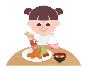 Girl eating fried shrimp set meal