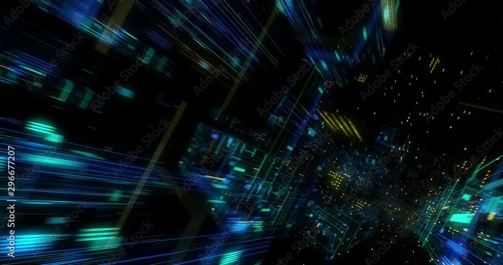 Poster seamless loop abtract internet of things motion background. flying through virtual cyberspace with n