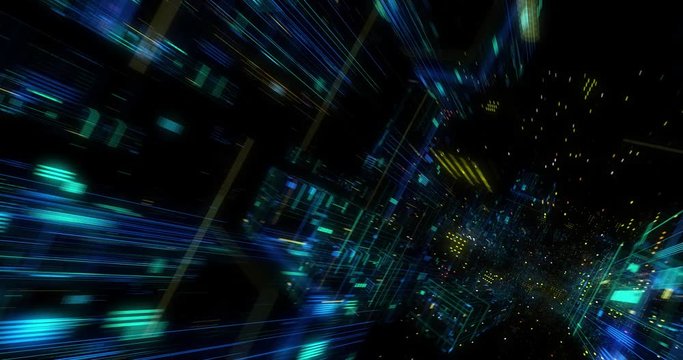 Seamless Loop Abtract Internet of Things motion background. Flying through virtual cyberspace with neon lines and dots elements. Communication network. 3D render