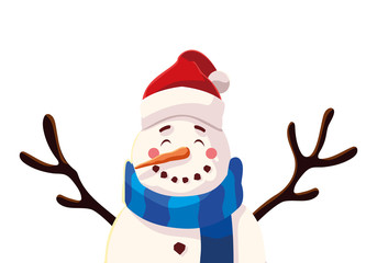 cute snowman with hat and scarf on white background