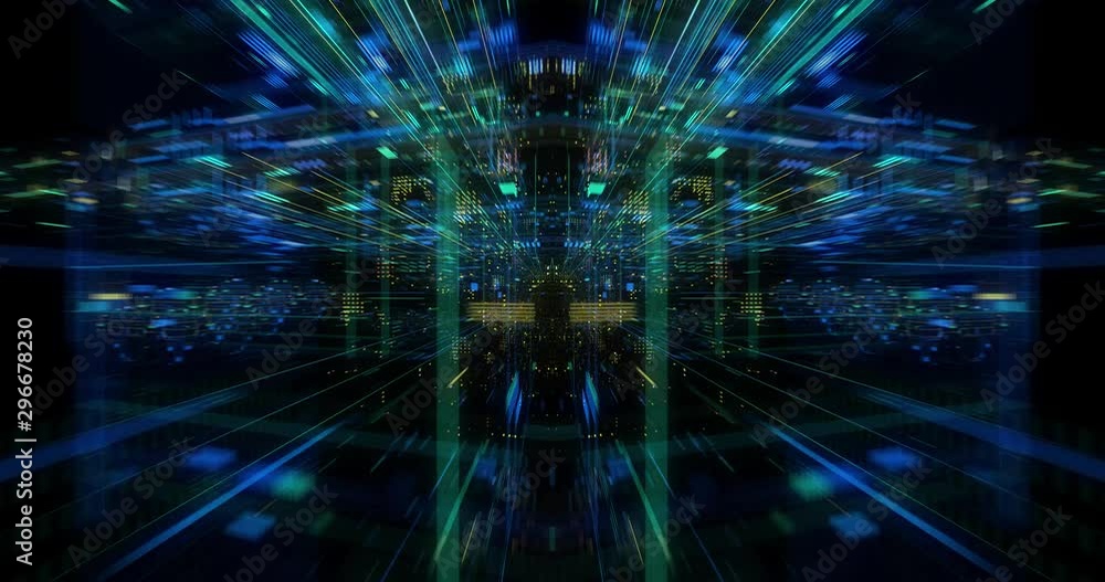 Poster seamless loop abtract internet of things motion background. flying through virtual cyberspace with n