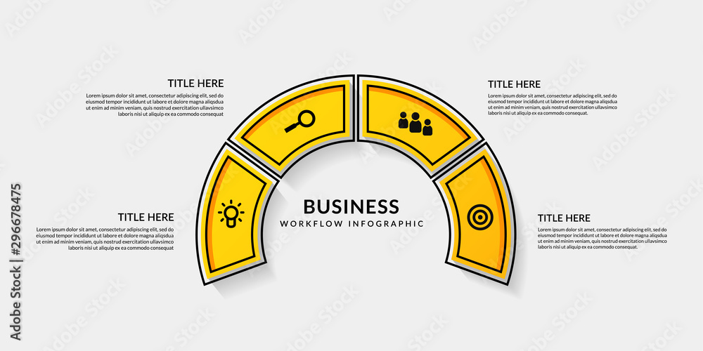 Aufkleber workflow infographic with four optional, outline data communication for business report