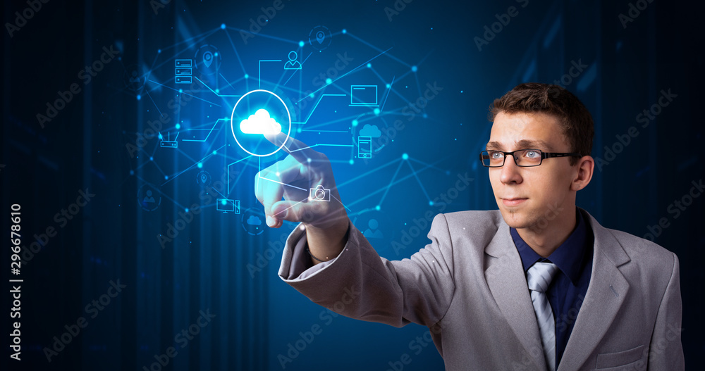 Poster Man touching hologram projection displaying cloud system