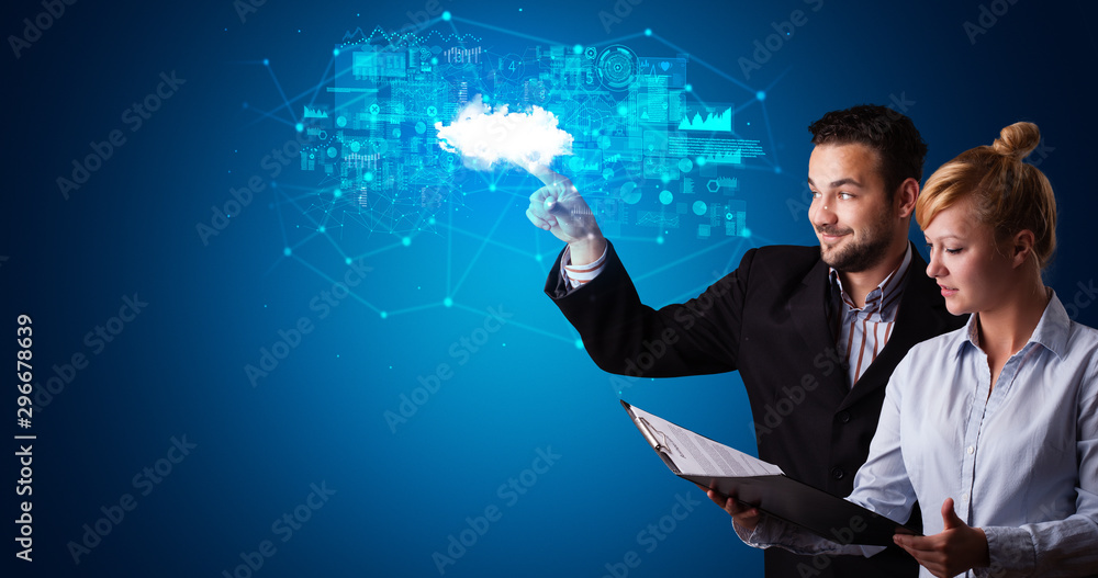 Poster Man and woman touching hologram projection displaying information from cloud based system