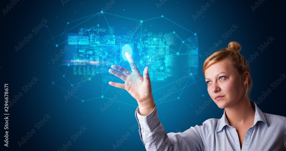 Poster woman accessing modern hologram personal database with fingerprint identification