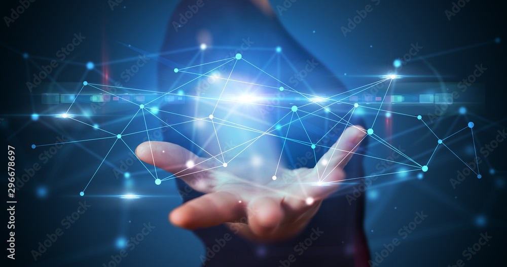 Poster Handsome person holding hologram screen displaying modern cloud based web system technology