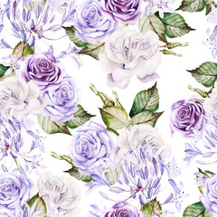 Beautiful watercolor seamless pattern with  white and purple roses, bud. 