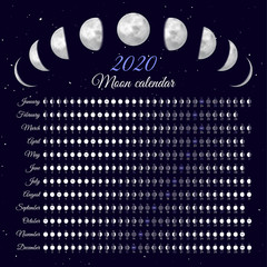 Lunar cycles at 2020 year. Moon phases calendar vector illustration. Dates for full, new moon and every phase in between. Daily moon illumination and moon age schedule on dark blue background