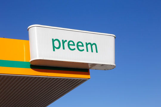 Norrkoping, Sweden - September 2, 2019: Close-up of the Preem gasoline service station sign.