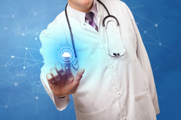 Doctor touching blue screen with virtual hospital concept
