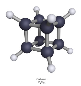 Cubane molecule shown as a ball-and-stick model