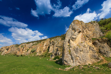 Summer mountain scenery, with granite peaks and glacier valley geologic formations