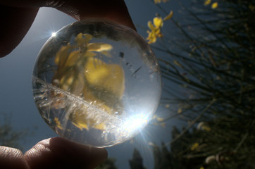 Quartz sphere with inclusions lensing a scene in a Tuscan garden