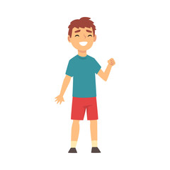 Boy smiles and shows a fist in support cartoon vector illustration