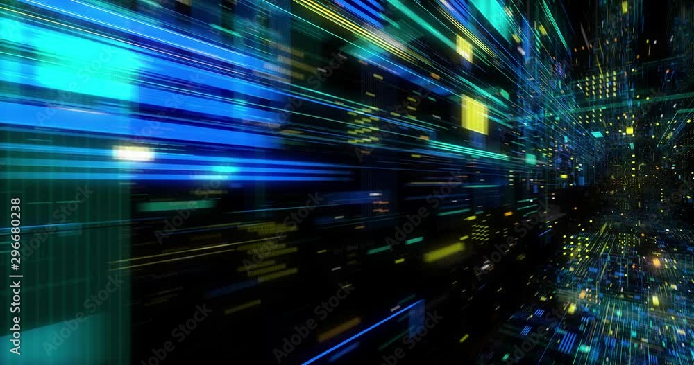 Poster seamless loop abtract internet of things motion background. flying through virtual cyberspace with n