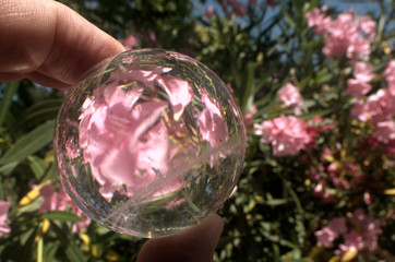 Quartz sphere with inclusions lensing a scene in a Tuscan garden