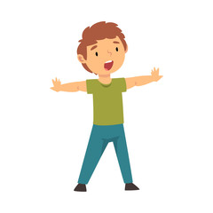 Joyful boy opened his hands cartoon vector illustration